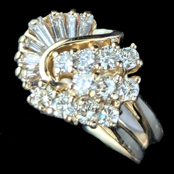 Vintage Swirl Diamond 14k Yellow Gold Cluster Ring Estate Statement Baguette