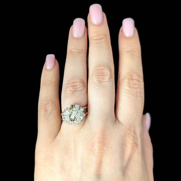 Vintage Swirl Diamond 14k Yellow Gold Cluster Ring Estate Statement Baguette