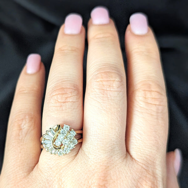 Vintage Swirl Diamond 14k Yellow Gold Cluster Ring Estate Statement Baguette