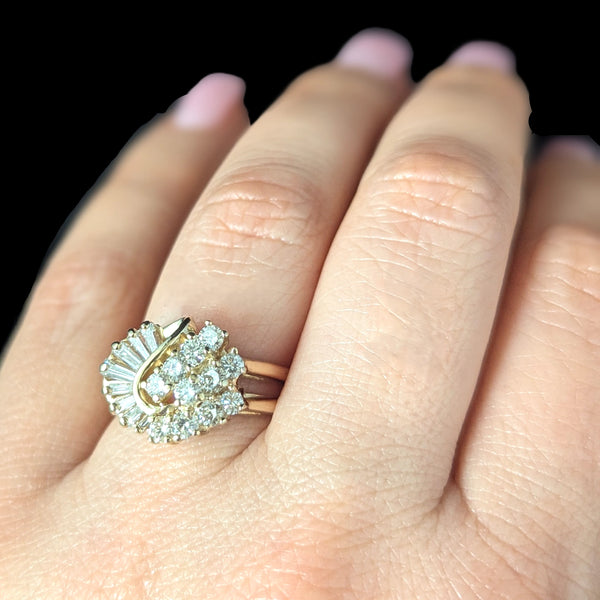 Vintage Swirl Diamond 14k Yellow Gold Cluster Ring Estate Statement Baguette
