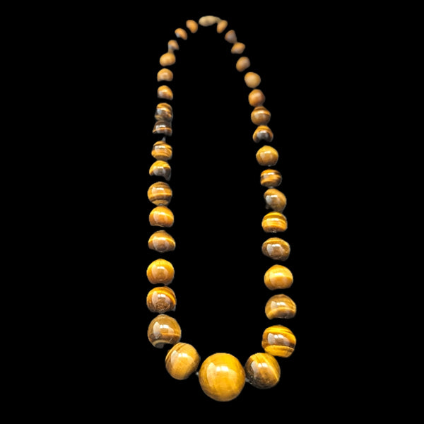 Vintage Tiger’s Eye Statement Necklace 14k Gold Clasp Huge Graduated Beads 20mm
