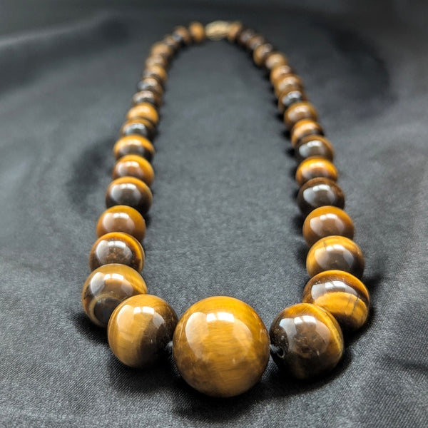 Vintage Tiger's Eye 14k Yellow Gold Beaded Necklace Oversized Graduated Beads