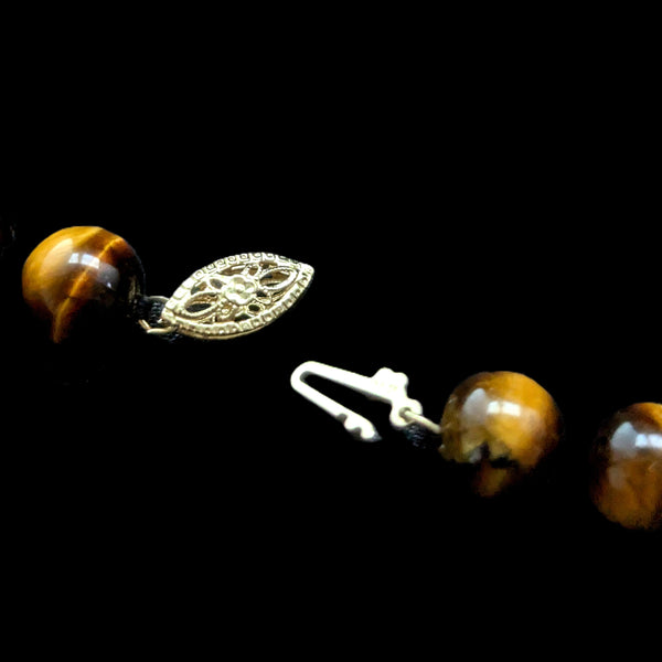 Vintage Tiger's Eye 14k Yellow Gold Beaded Necklace Oversized Graduated Beads