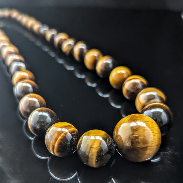 Vintage Tiger’s Eye Statement Necklace 14k Gold Clasp Huge Graduated Beads 20mm