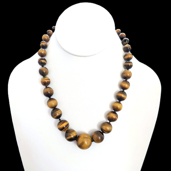 Vintage Tiger’s Eye Statement Necklace 14k Gold Clasp Huge Graduated Beads 20mm