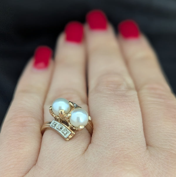 Vintage Toi At Moi Ring Pearls Diamonds 10k Yellow White Gold Estate Retro Gift