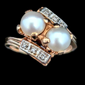 Vintage Toi At Moi Ring Pearls Diamonds 10k Yellow White Gold Estate Retro Gift