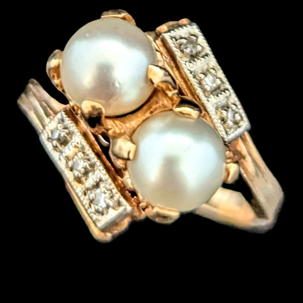 Vintage Toi At Moi Ring Pearls Diamonds 10k Yellow White Gold Estate Retro Gift