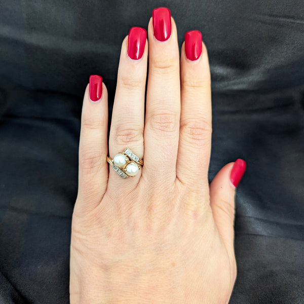 Vintage Toi At Moi Ring Pearls Diamonds 10k Yellow White Gold Estate Retro Gift