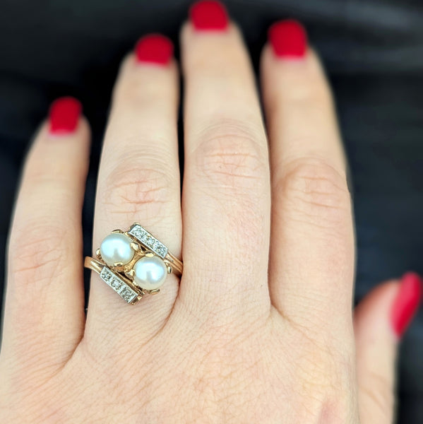 Vintage Toi At Moi Ring Pearls Diamonds 10k Yellow White Gold Estate Retro Gift