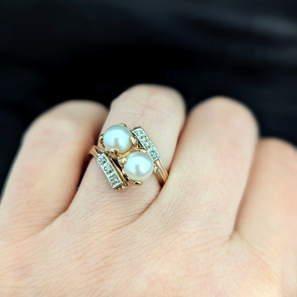 Vintage Toi At Moi Ring Pearls Diamonds 10k Yellow White Gold Estate Retro Gift