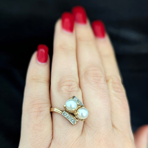 Vintage Toi At Moi Ring Pearls Diamonds 10k Yellow White Gold Estate Retro Gift