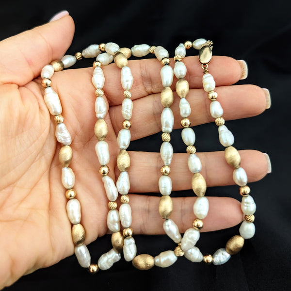 Vintage 14k Yellow Gold Beads & Baroque Pearls Beaded Necklace 28" Long Estate