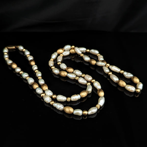 Vintage 14k Yellow Gold Beads & Baroque Pearls Beaded Necklace 28" Long Estate
