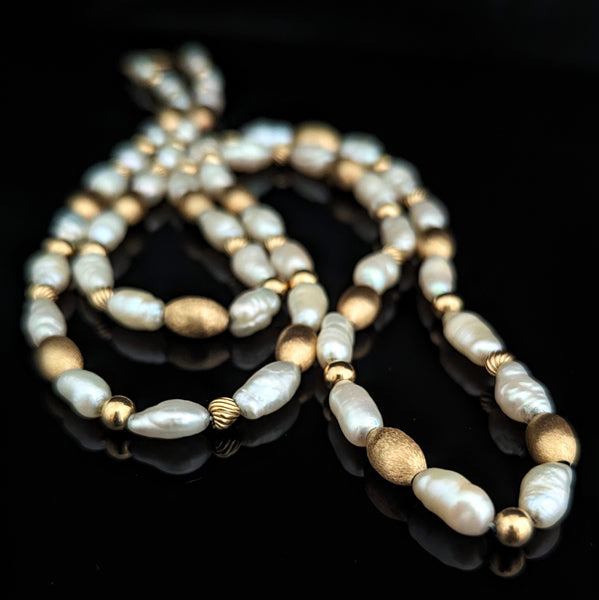 Vintage 14k Yellow Gold Beads & Baroque Pearls Beaded Necklace 28" Long Estate