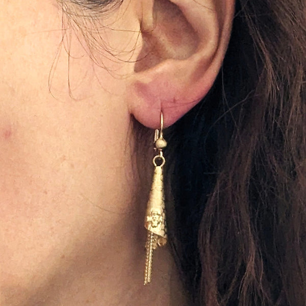 The Hudson - Vintage Articulated 14k Yellow Gold Tassel Earrings Floral in ear