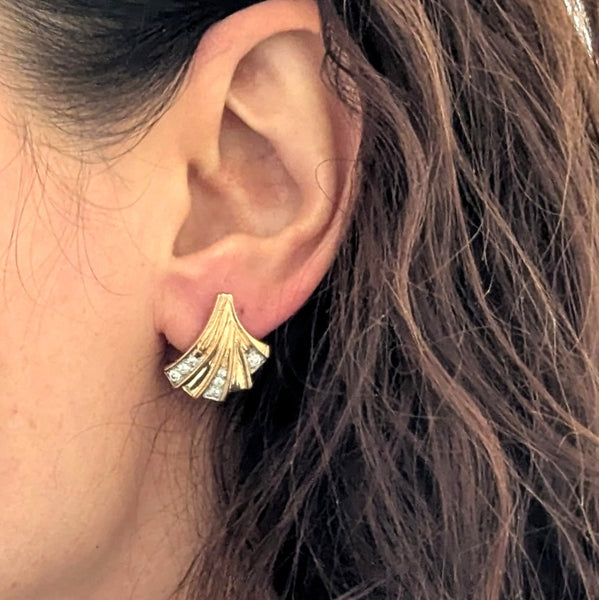 Vintage Ginco Diamonds 14k Yellow Gold Earrings Estate Retro Screw Posts Gift on model