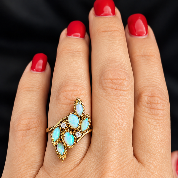 1960s Vintage Diamonds Opals 14k Yellow Gold Cocktail Ring Retro Estate Gift on hand