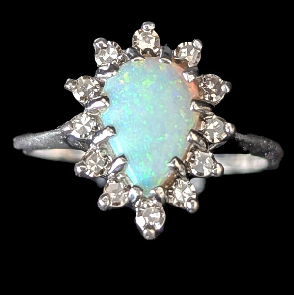 Vintage Pear Cut Opal Diamonds 14k White Gold Ring Halo Engagement or Fashion