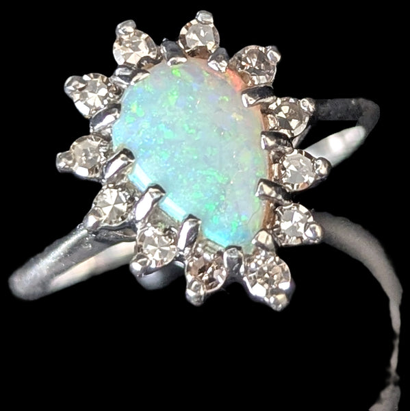 Vintage Pear Cut Opal Diamonds 14k White Gold Ring Halo Engagement or Fashion