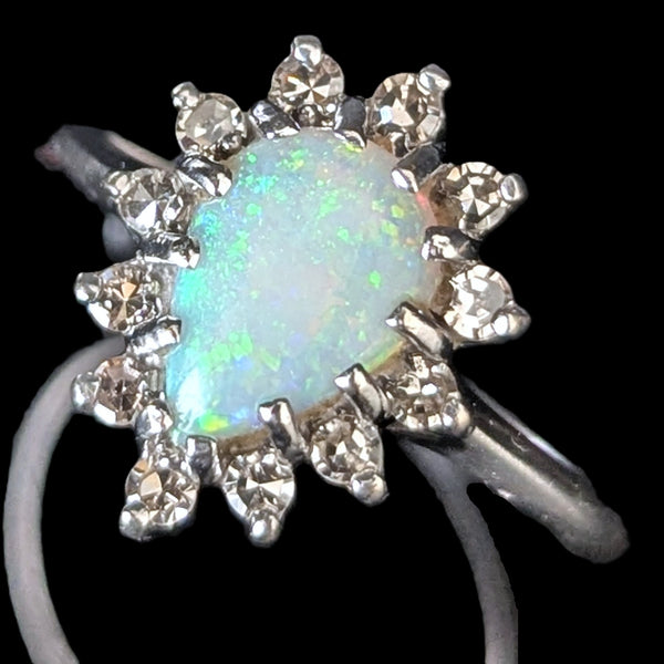 Vintage Pear Cut Opal Diamonds 14k White Gold Ring Halo Engagement or Fashion