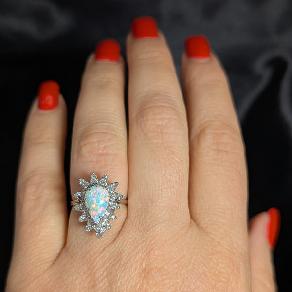 Vintage Pear Cut Opal Diamonds 14k White Gold Ring Halo Fashion or Engagement