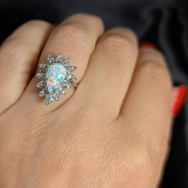 Vintage Pear Cut Opal Diamonds 14k White Gold Ring Halo Fashion or Engagement