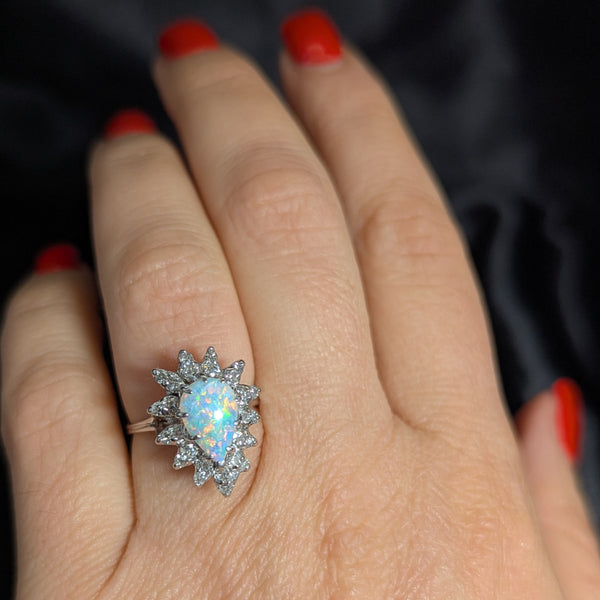 Vintage Pear Cut Opal Diamonds 14k White Gold Ring Halo Fashion or Engagement