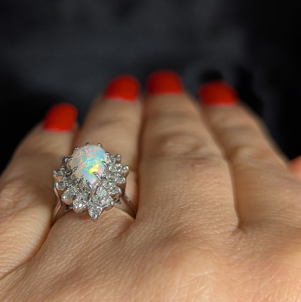 Vintage Pear Cut Opal Diamonds 14k White Gold Ring Halo Fashion or Engagement