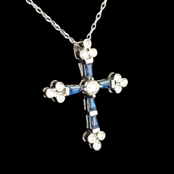 Vintage Sapphires Diamonds 14k White Gold Cross Pendant on Chain Estate Gift