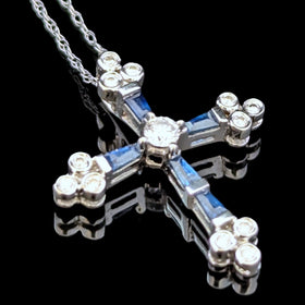 Vintage Sapphires Diamonds 14k White Gold Cross Pendant on Chain Estate Gift
