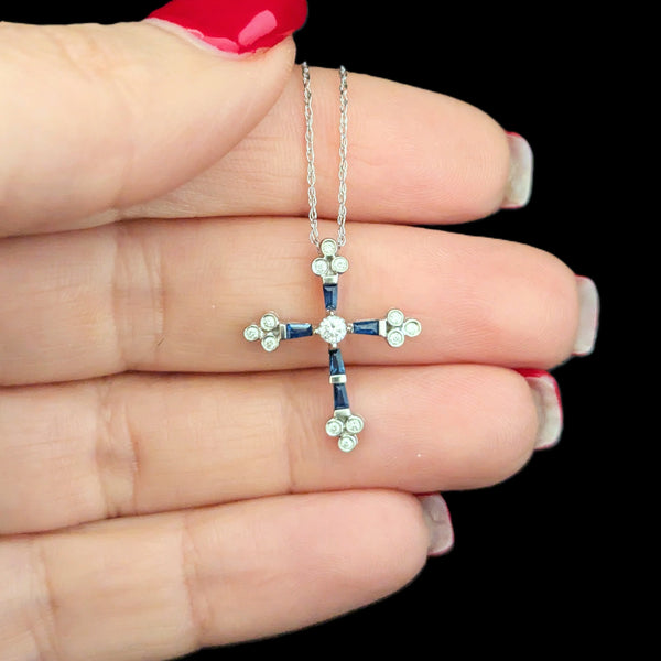 Vintage Sapphires Diamonds 14k White Gold Cross Pendant on Chain Estate Gift