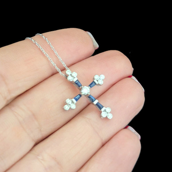 Vintage Sapphires Diamonds 14k White Gold Cross Pendant on Chain Estate Gift