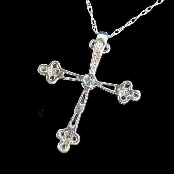 Vintage Sapphires Diamonds 14k White Gold Cross Pendant on Chain Estate Gift