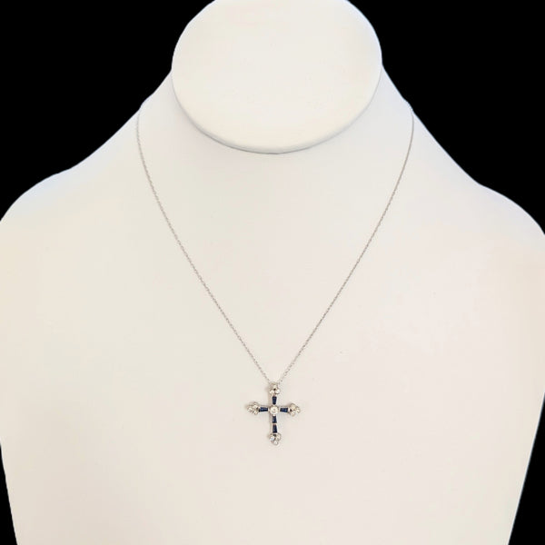 Vintage Sapphires Diamonds 14k White Gold Cross Pendant on Chain Estate Gift