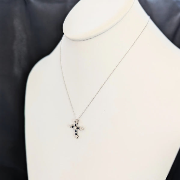 Vintage Sapphires Diamonds 14k White Gold Cross Pendant on Chain Estate Gift