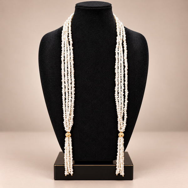Vintage 43" 14k Yellow Gold Pearl Scarf Tassel Necklace Multi Strand Lariat