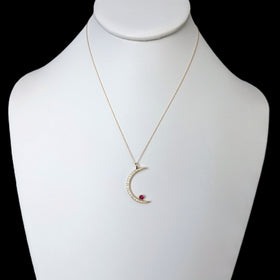 ORO ALEXANDER Crescent Moon & Ruby Star Pendant Diamonds 14k Yellow Gold Gift Layaway Available