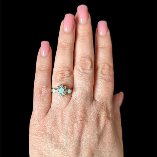 Vintage Opal Old European & RB Cut Diamonds 14k Yellow Gold Ring Estate Retro