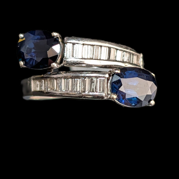 Vintage Sapphires Baguette Diamonds 18k White Gold Ring Bypass Estate Gift