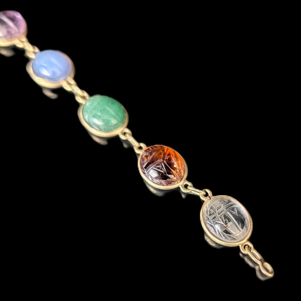 Vintage  Carved Gemstone Scarab Bracelet 14k Yellow Gold Bracelet Talisman Estate 