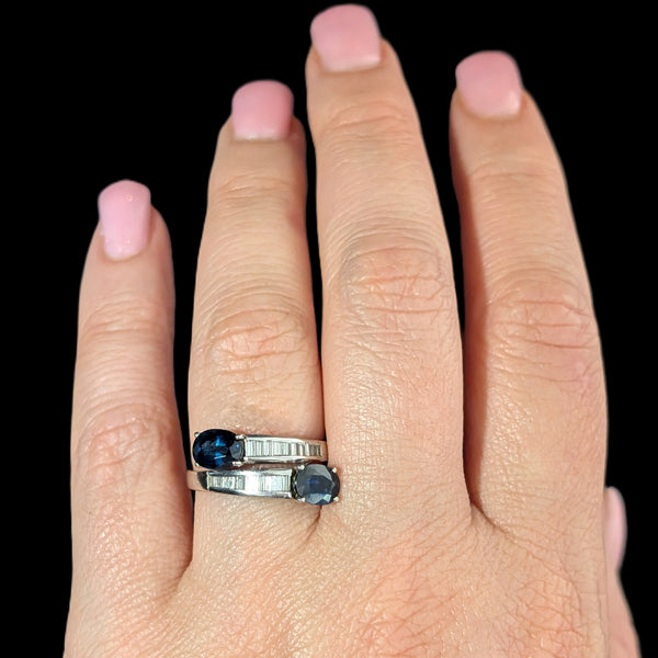 Vintage Sapphires Baguette Diamonds 18k White Gold Ring Bypass Estate Gift
