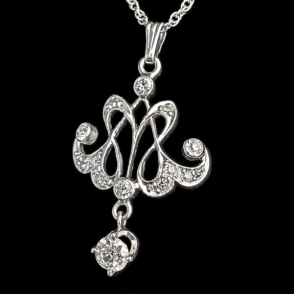 Old European Cut Diamonds 14k White Gold Lavalier Necklace Vintage Antique
