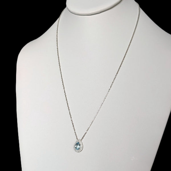 Vintage Pear Cut Aquamarine Diamonds 14k White Gold Necklace Pendant Chain Gift