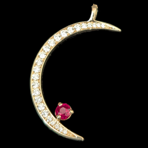 ORO ALEXANDER Crescent Moon & Ruby Star Pendant Diamonds 14k Yellow Gold Gift Layaway Available