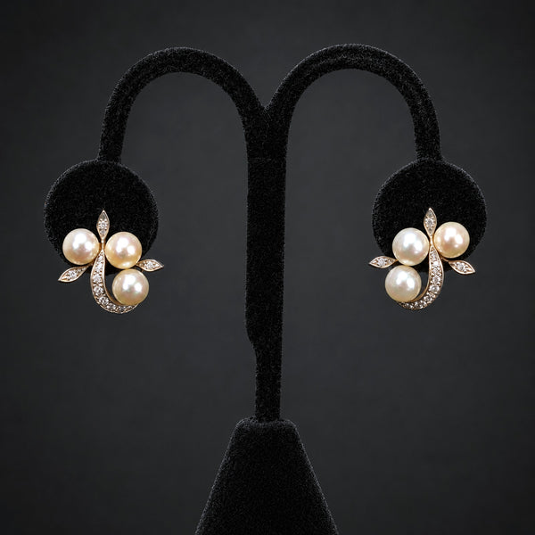 1950s Vintage Diamonds Pearls 14k & 10k White Gold Earrings Retro Clips Estate