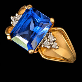 Vintage Lab Created Sapphire Diamonds 10k Yellow Gold Cocktail Ring Emerald Cut Estate