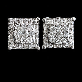 Vintage Natural Diamond Cluster 14k White Gold Stud square Earrings Halo Gift