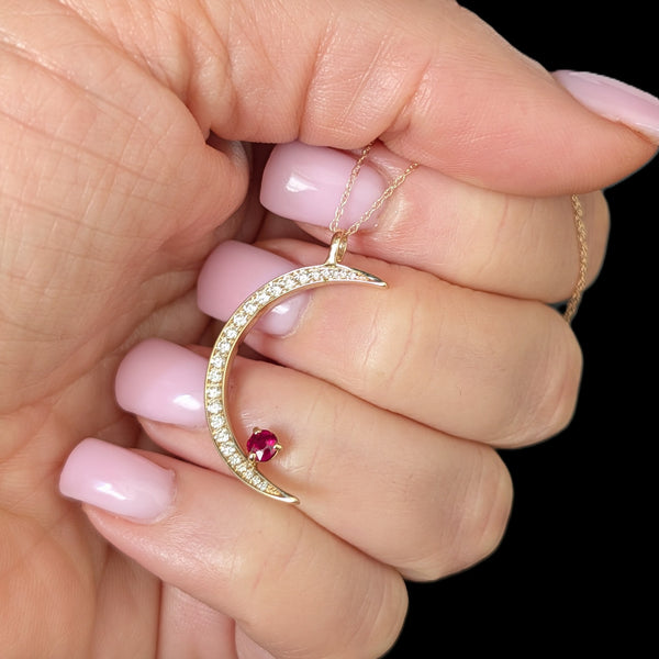 ORO ALEXANDER Crescent Moon & Ruby Star Pendant Diamonds 14k Yellow Gold Gift Layaway Available