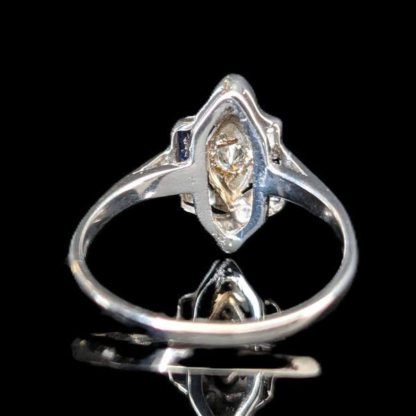 Art Deco Diamonds Lab Sapphires 14k White Gold Platinum Top Ring Vintage